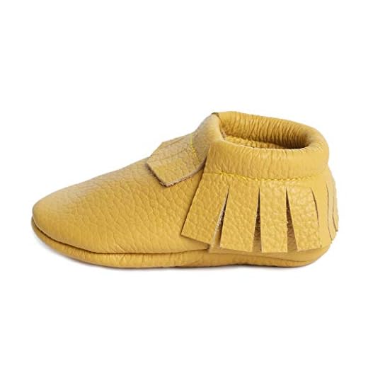 Mocassins Fringe Baby (couro italiano), sapatos de bebê com sola macia, recém-nascidos, bebês e crianças pequenas - sapatos de couro genuíno feitos à mão para bebês meninos, Amarelo, 20