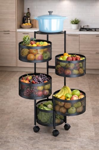 Image of RADIANT 5 Layer Multipurpose Plastic Trolley with Dish Rack for Kitchen Fruit Vegetable Storage Basket Kitchenware Food, Snacks, Toys, Tiered Shelf (Black) (Round Trolley-5 Layer)