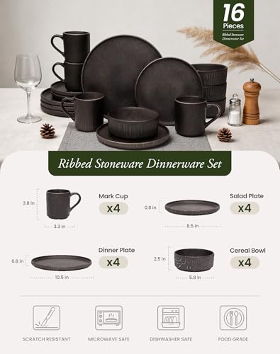 Image of OTAGO 16-Piece Dinnerware Set for 4 with Mugs, Ribbed Stoneware Plates and Bowls Sets, Unique Handcrafted Reactive Glaze, Chip and Scratch Resistant Dish Set, Microwave & Dishwasher Safe, Black