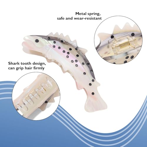 Fish-Shaped Hair Claw Clip, Pearlescent White with Dotted Design Hair Accessory for Women Girls Gift, Shark Tooth Grip, 5 Inch
