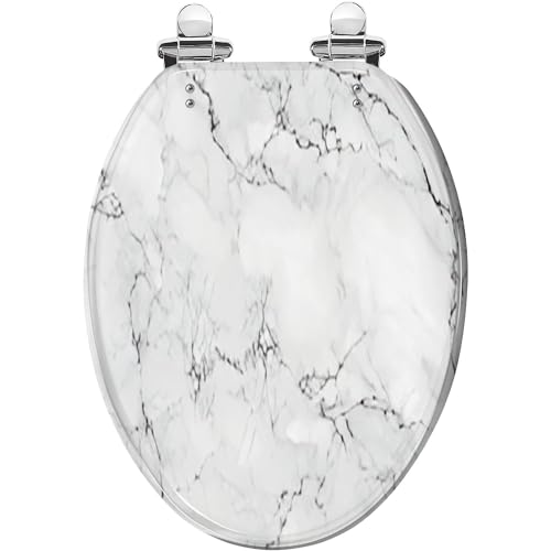 Elongated Toilet Seat natural White marble texture for skin tile luxurious Creative Stone Resin Toilet Seat Slow Quiet Close with Quick-Release Hinges Toilet Seat with Cover Easy to Clean Install