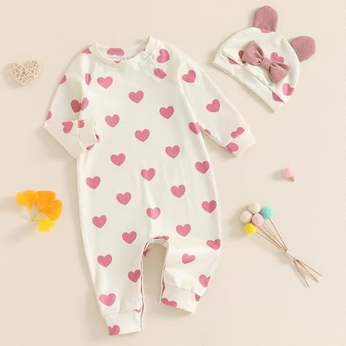 MBMSHEGH Newborn Baby Girls Jumpsuit with 3D Bow Ear Hat Set Heart Print Long Sleeve Romper 2Pcs Fall Outfit Clothes Set3