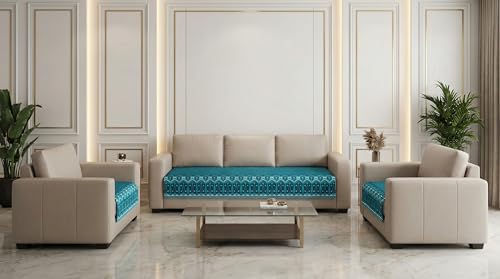Image of Velvet Quilted Sofa Cover Mat Seat & Back, 3+1+1 Set, Total L115in H32in (3+1+1), Peacock Blue Color,Anti Skid Backing, 6in Hanging Strap Design, was, Style -PeacockBlue-S311