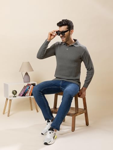 Image of TYSORT Men's Knitted Polo Sweater Casual Full Sleeve Pullover Sweater with Button Collar