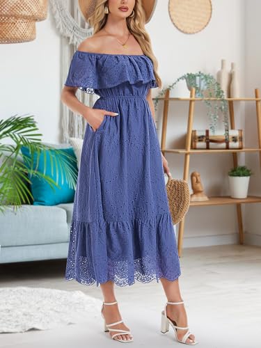 Women's Summer Midi Dress High Waist Off Shoulder Ruffle Short Sleeve Hollow Out A Line Casual Long Dress 20253