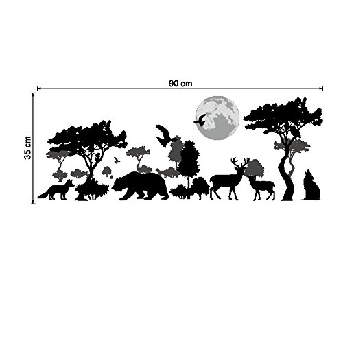 Wland 35 Inches X 14 Inches Safari Jungle Wild Wolves Bears Elk Crows Animals Silhouette Trees Moon Vinyl Wall Decals Stickers For Children Rooms Nursery Bedrooms #TOP2