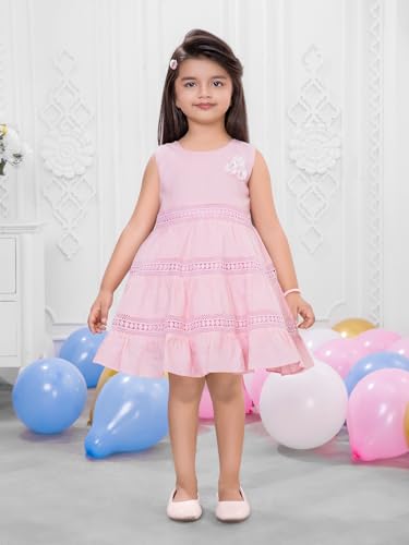 Image of Soft Cotton Lace Work Knee Length Fit & Flare Dress for Kids & Girls, Flower Embellished Frock for Casual & Special Occasion