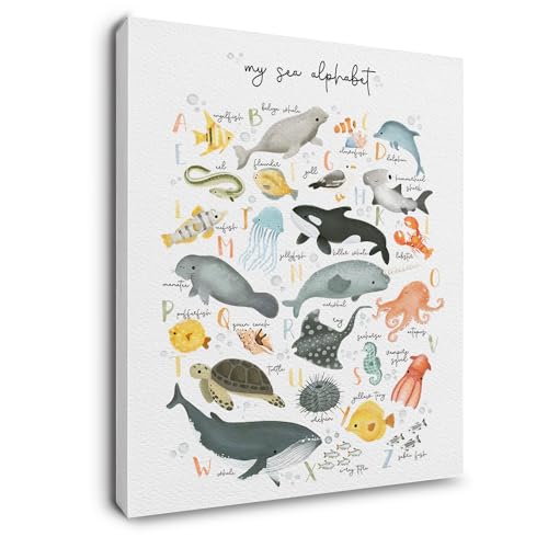 Image of Ryeolo Sea Animals Alphabet Canvas Wall Art for Nursery, Ocean Pictures Decor 12X16 Inches