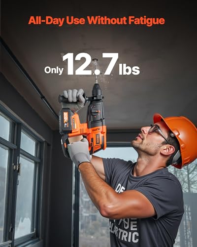 Image of VEVOR 1 inch SDS-Plus Rotary Hammer Drill, 20V Brushless Cordless SDS Hammer Drills, 4.0Ah Lithium-Ion Battery Powered,3.0A Fast Charger, 4 Modes,Rotomartillo for Concrete,1200 RPM, 5300 BPM