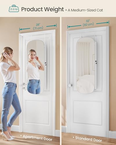 SONGMICS Jewelry Organizer, LED Jewelry Cabinet Wall/Door Mounted, Lockable Rounded Wide Mirror with Storage, Interior Mirror, 3.9 x 16.5 x 42.5 Inches, White Surface with Greige Lining4