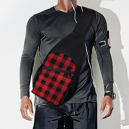 Mochila cruzada ligera con diseño cuadros rojo y negro para senderismo miniatura 7