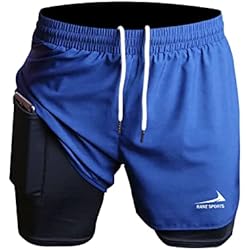Pantalones Cortos para Correr para Hombre, Pantalones Cortos 2 en 1, Pantalones Cortos Deportivos para Gimnasio, Pantalones Cortos de Entrenamiento para Entrenamiento de maratón al Aire Libre Azul L