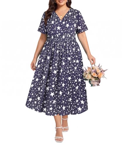 Image of CARCOS Plus Size Dresses for Curvy Women V Neck Summer Maxi Dress Short Sleeve Floral Boho Dress Smocked Waist Beach Dress