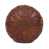 Moroccan Leather Handmade Pouf Ottoman Cover, Unstuffed Foot Stool, Round Boho Footrest for Living Room, Bedroom, Home Decor Gift (Dark Tan By Brown)
