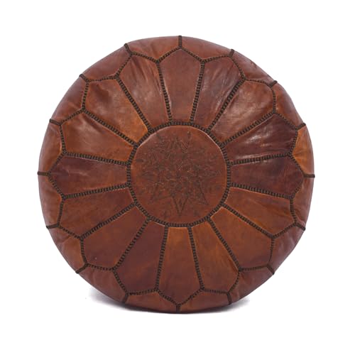 Moroccan Leather Handmade Pouf Ottoman Cover Unstuffed Foot Stool Round Boho Footrest for Living Room Bedroom Home Decor Gift (Dark Tan By Brown)
