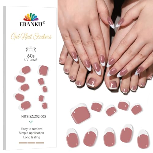 EBANKU 24PCS Uñas de Gel Pegatinas, 28PCS Pies Pegatinas Uñas Gel, French Blanco Pegatinas Uñas Semipermanente Gel Solido Uñas con Lima de Uñas para Arte de Uñas DIY (Requiere Lámpara UV/LED)(A)