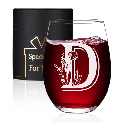 Jmugmt Letter D Personalized Initial Wine Glass, Personalized Birthday Letter D Wine Glasses for Women, Birthday Mothers Day Gifts for Mom Wife Her Women, Bridal Shower Gifts, 16 OZ with Gift Box