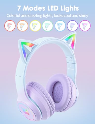 Image of Cat Ear Bluetooth Headphones for Kids & Adults, 55H Play Time, Wireless Foldable & Wired Multi-Function LED Light Up Over Ear Headphones with Mic and Volume Control for iPhone /iPad /Laptop /PC