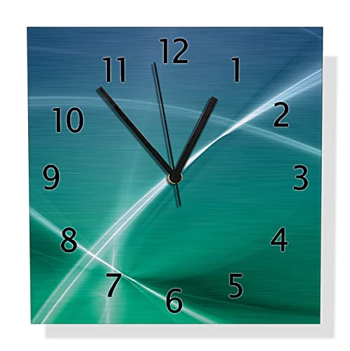 Wallario Design Wanduhr Abstrakte Formen und Linien in blau grün türkis aus Aluverbund, Alu-Uhr Größe 30 x 30 cm, Schwarze Zeiger mit Metalloptik