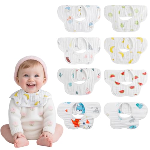 Image of 8-Pack 360° Rotate Organic Cotton Baby Bibs, Newborn Muslin Bibs For Teething And Drooling,Unisex Baby Bibs For Toddler, Adjustable With Snaps, Super Soft & Absorbent Baby Bibs For Boys And Girls.