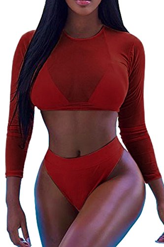 Meyeeka Ladies Summer Mesh Long Sleeve Cover Up Bikini Sets High Waist Swimsuit Red M