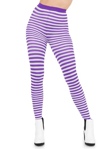 Sugar Sunday Nylon Striped Tights for Women Opaque Stripe Pantyhose Halloween Cosplay Hose - White and Purple - One Size