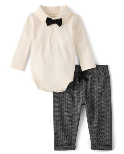 The Childrens Place Baby Boys and Newborn Long Sleeve Polo Bodysuit and Pants 2 Piece Outfit Black 6 Months 9 Months