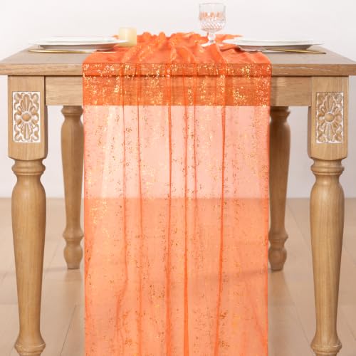 Image of Gold Glitter Table Runner Orange Sheer Gauze Foil Table Runner, 3PC