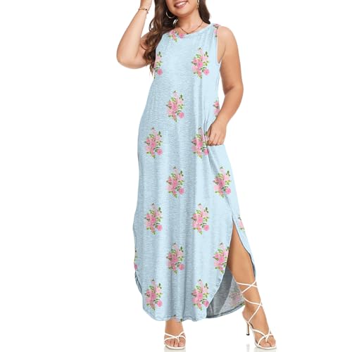 Image of Wolddress Womens 2026 Plus Size Sleeveless Tank Dress Casual Loose Sundress Split Summer Beach Long Maxi Dresses with Pockets