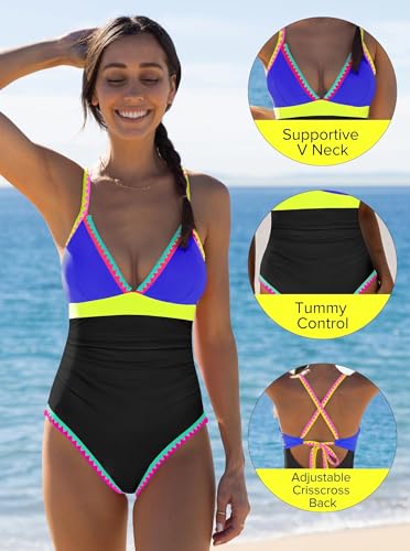 Image of popvil Women One Piece Swimsuit Colorblock Ruched Bathing Suit | Adjustable slider straps, Multi neon trim, Long torso, Detachable padding, Quick dry fabric, Beach Vacation