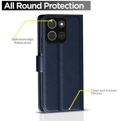 Image of Pikkme Flip Cover Leather Finish | Inside TPU with Card Pockets | Wallet Stand and Shock Proof | Complete Protection Button Flip Case for Moto G15(Blue)