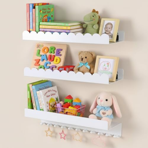 Fourluoo Nursery Book Shelves with Hooks Set of 3,...
