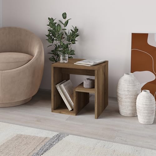HOCUS PICUS Modern Square End Table G-Shape Side Table Open Shelf Storage Coffee Sofa Table 40x40cm Chipboard for Living Room Bedroom (Dark Oak Effect)