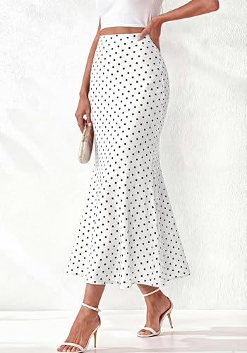 Image of BTFBM Silk Midi Skirts for Women 2026 Summer Fall | Satin Long Skirt, Elastic High Waisted, A-Line, Leopard, Floral, Polka Dot Print, Lightweight, Going Out Date Night Outfits