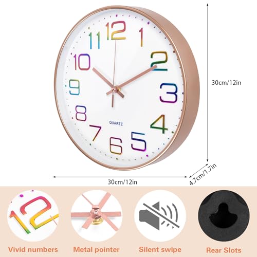 CIMOYBAI 30cm Wanduhr, 3D Ziffern Bunt Lautlos Wanduhr Rosegold, Modern Ohne Tickgeräusche, für Büro, Zimmer, Wohnzimmer, Küche, Schule Kinderzimmer (Rosegold-L)