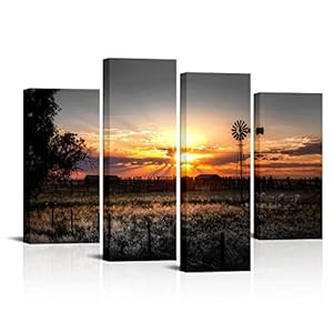 LevvArts Farm Landscape Pictures Wall Art Decor Rustic Farmhouse Windmill at Sunset Scenery Photograph Painting Giclee Print on Canvas Set of 4 Gallery Wrap Ready to Hang