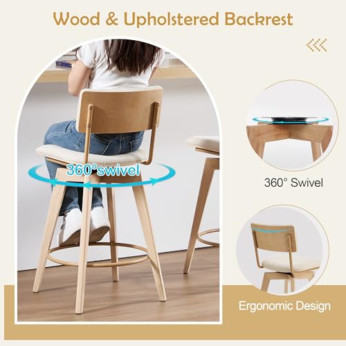 Butacos giratorios de altura para barra, 26", tapizado en lino beige con patas de madera natural, juego de 4 miniatura 3