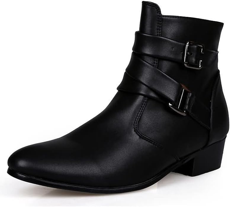 MGGMOKAY Men's Chelsea Boots Leather Shoes Casual Dress Ankle Boot With Buckle Side Zipper