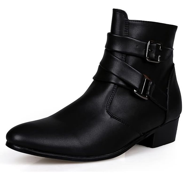 Image of MGGMOKAY Men's Chelsea Boots Leather Shoes Casual Dress Ankle Boot With Buckle Side Zipper