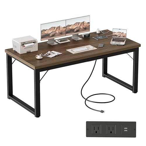 Image of 54 Inch Computer Desk with Power Outlets, 1.2 inch Thick Office Table | Modern Simple Style, Heavy Duty Industrial Frame, Study & Writing Table for Home Bedroom Work, Walnut