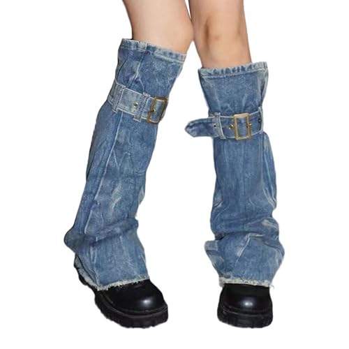 Women Distressed Jeans Blue Leg Warmer with Buckled Straps Punk Washed Denims Flared Boot Long Socks Streetwear