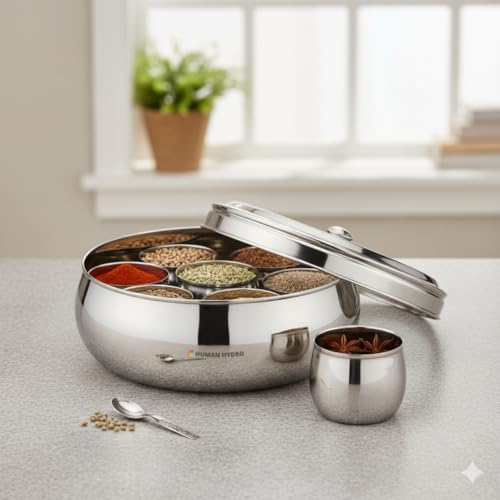 Image of Human Hydro Premium Belly Shape Masala Dabba (18 cm, 7-in-1) | Stainless Steel Spice Box with See-Through Lid, 7 Containers & 1 Spoon | Compact Airtight Masala Box
