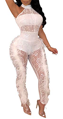 Womens Elegant Sleeveless Halter Neck Frill Lace Mesh See Through Feather Bodycon Pant Jumpsuit Rompers Clubwear White L