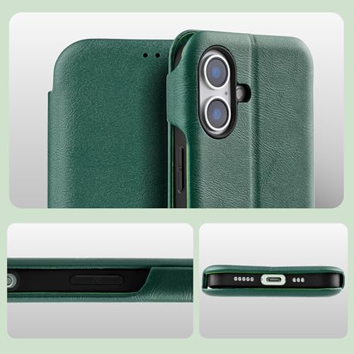 Image of PULOKA - Sleek Flip Case- Compatible for iPhone 16 Plus- Premium Vegan Leather Phone Cover with Card Slot - Slim, Durable, Privacy Protection - Kickstand Function - Elegant Flip Wallet Cases- (Green)