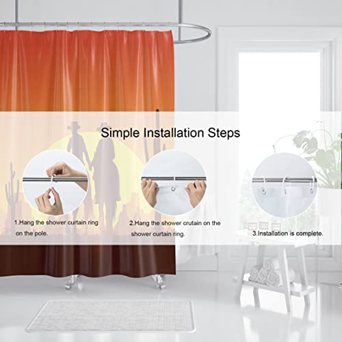 Western Cowboy Shower Curtain, Sunset Shower Curtain, Rustic Shower Curtain For Bathroom Silhouette Of Cowboy Couple Riding Horses At Sunset, Waterproof Fabric With 12Pcs Hooks, 72" W X 72" L #TOP5