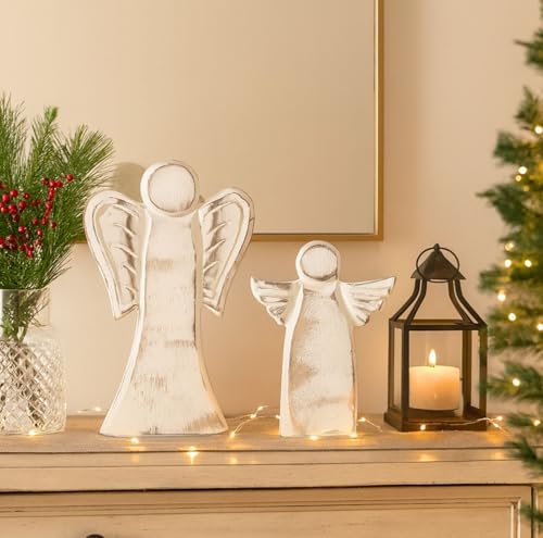 Mie Creations Christmas Wooden Angel Figurines Set of 2, Rustic