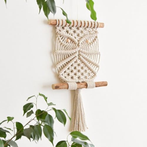 Image of tms Macrame Owl Wall Hanging - Off-White, 10x18 Inch | Handmade Boho Home Decor | Cotton Rope Wall Art | Vintage Owl Design | Living Room, Bedroom & Office Decoration | Housewarming & Gift Item
