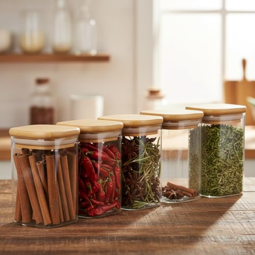 Image of ginoya brothers Airtight Borosilicate Glass Square Jar With Wooden Or Steel Lid Multi-Size, Container for Spices, Coffee, Grains, Snacks & Kitchen Organization (2, WOODEN LID, 270 ML)