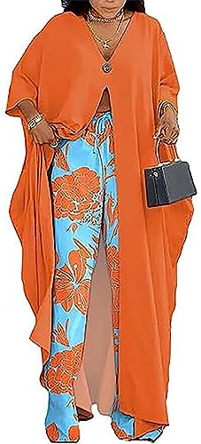 Women African 2 Piece Outfits Button V Neck Long Plus Size Split Caftans Wide Leg Pants Sets