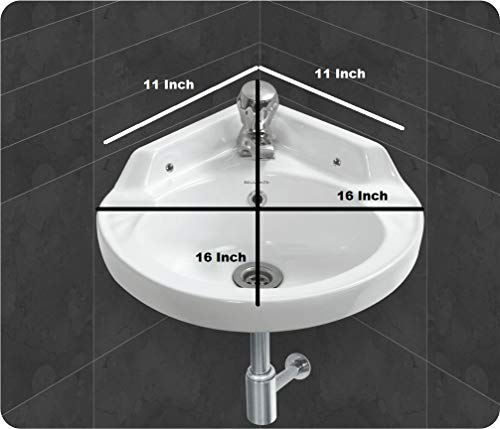 Image of Corner Wash Basin Wall Hung Mounted Glossy Finish White Sink for Bathroom - (16 x 16 x 7 Inch)
